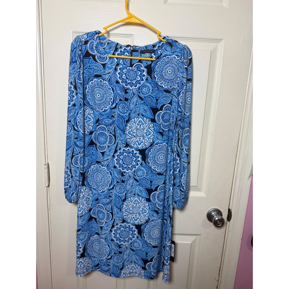 Tommy Hilfiger Blue White Medallion Paisley Shift Dress Long Sleeve Size 10 NEW